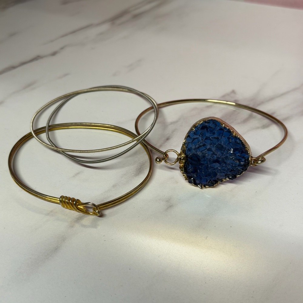 Gold and Silver Bracelet Set with Blue Heart Stone